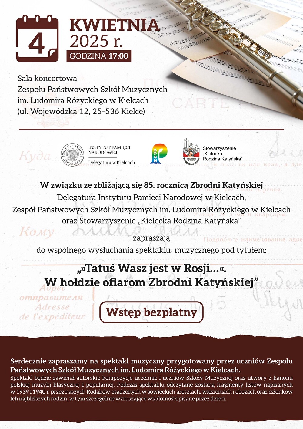 „»Tatuś Wasz jest w Rosji…«. Koncert w hołdzie Ofiarom Zbrodni Katyńskiej” - Kielce, 4 kwietnia 2025