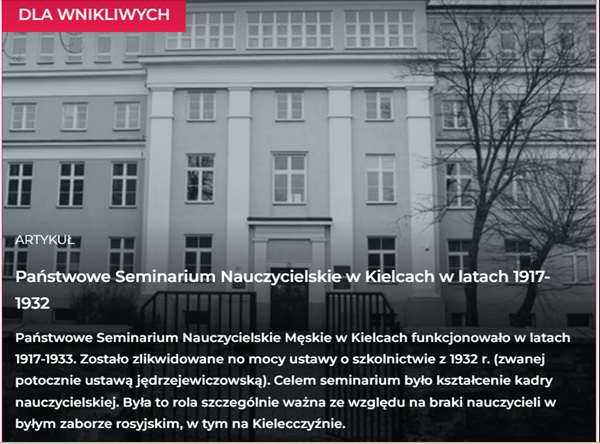 Artykuł „Państwowe Seminarium Nauczycielskie w Kielcach w latach 1917-1932” na portalu „Przystanek Historia"