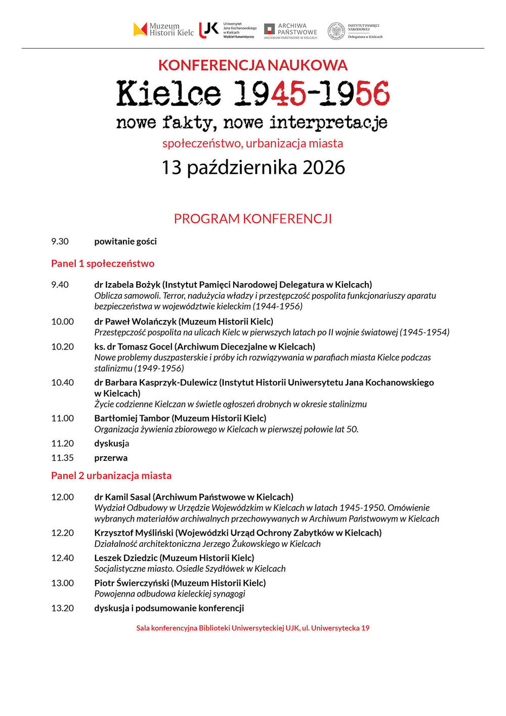 Plakat zapowiadający konferencję naukową z cyklu „Kielce 1945–1956 nowe fakty, nowe interpretacje". Odbędzie się 13 października